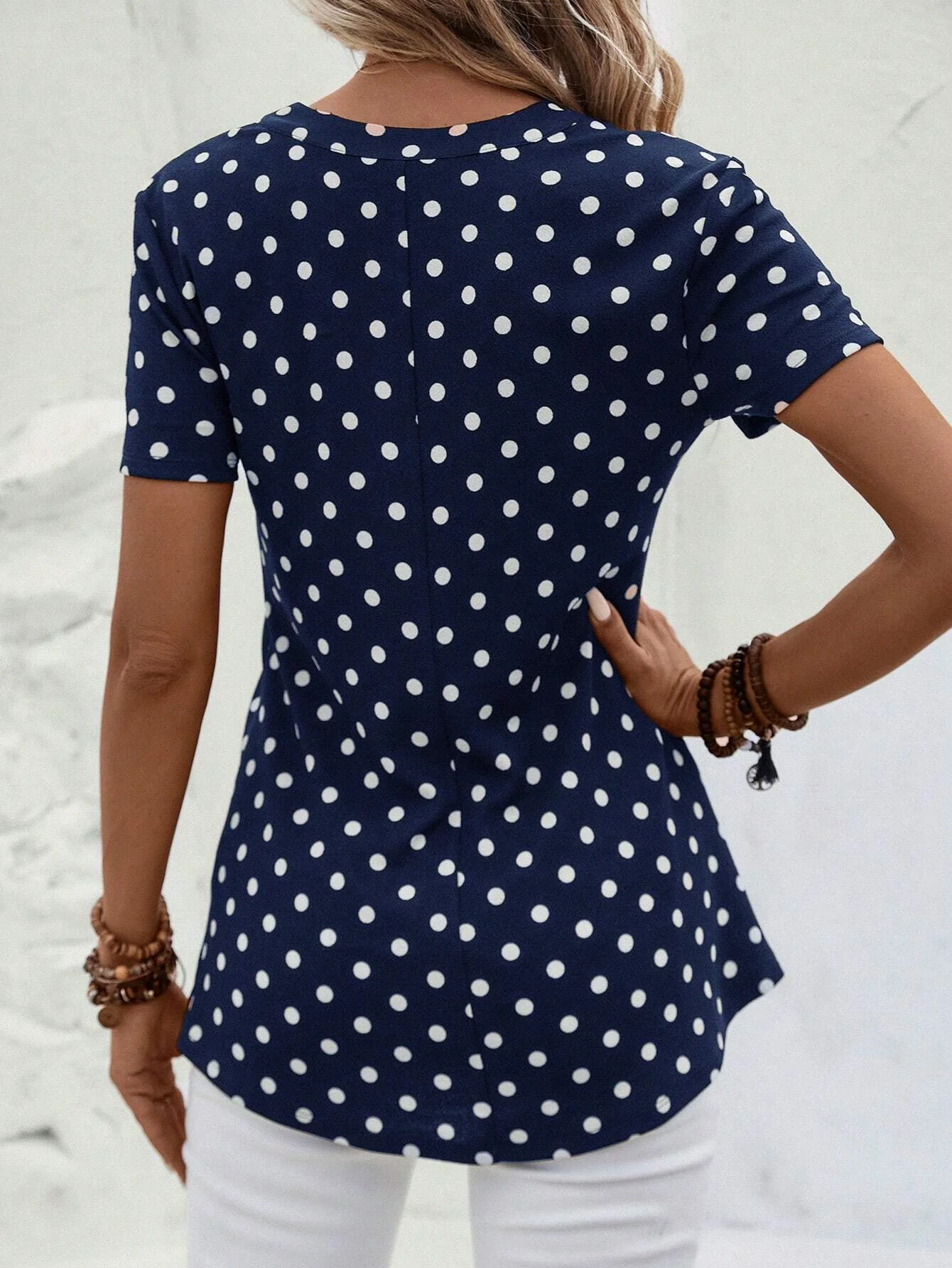 Women's Short Sleeve Shirt Summer Dark Blue Polka Dots Zipper V Neck Going Out Top