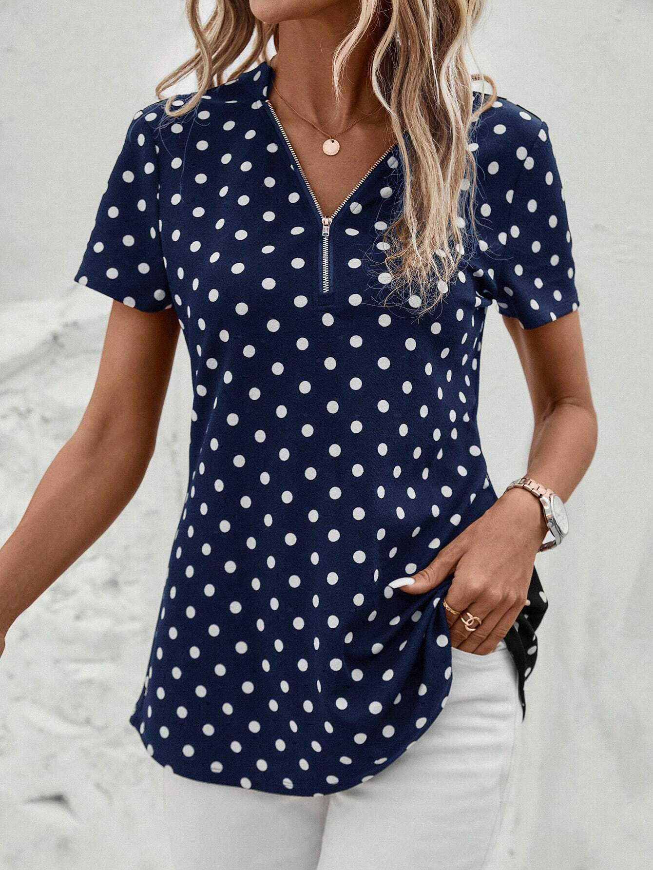 Women's Short Sleeve Shirt Summer Dark Blue Polka Dots Zipper V Neck Going Out Top