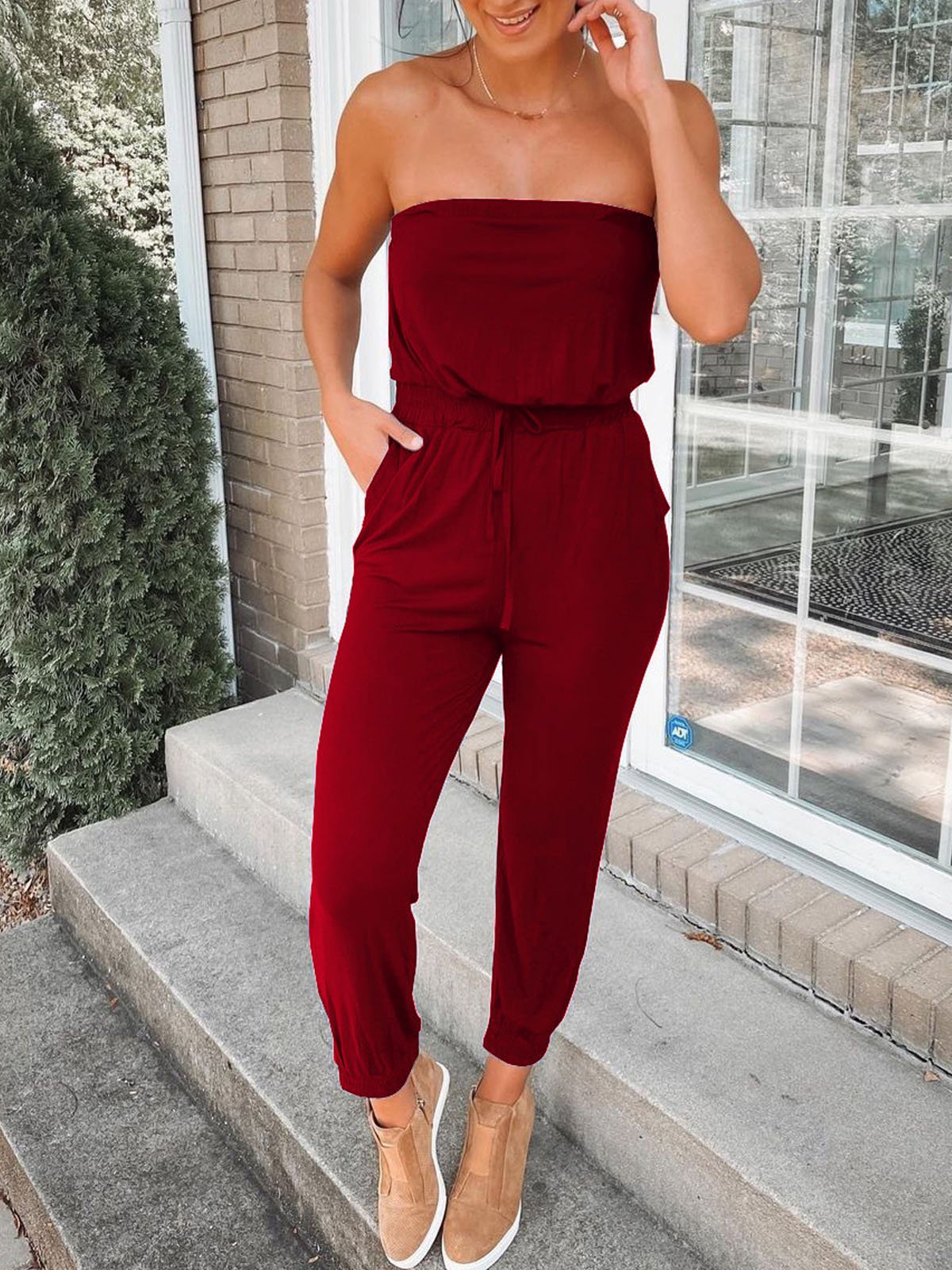 Casual Strapless Plain Jumpsuit