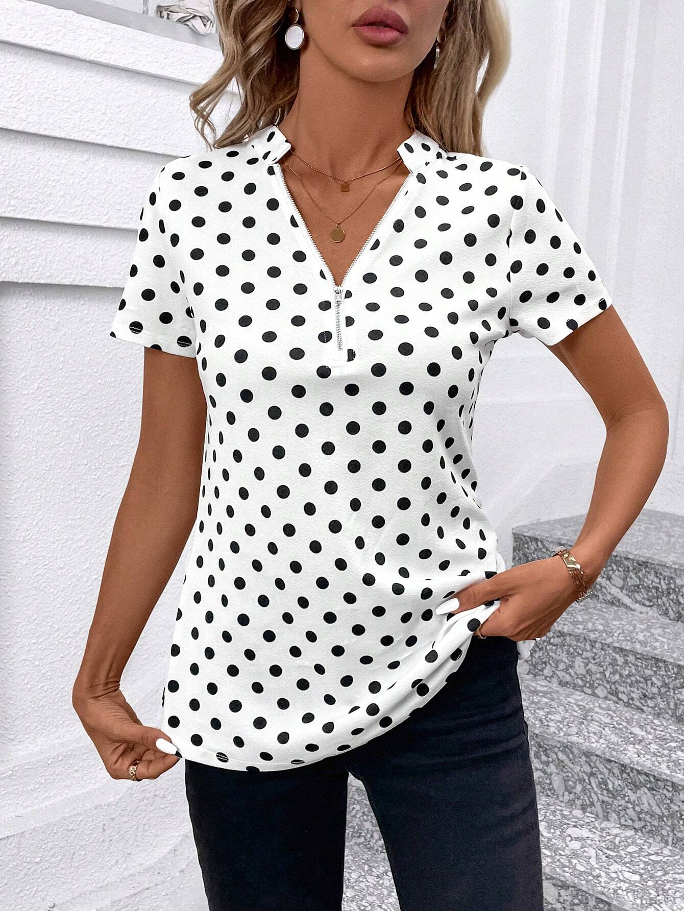 Women's Short Sleeve Shirt Summer Dark Blue Polka Dots Zipper V Neck Going Out Top