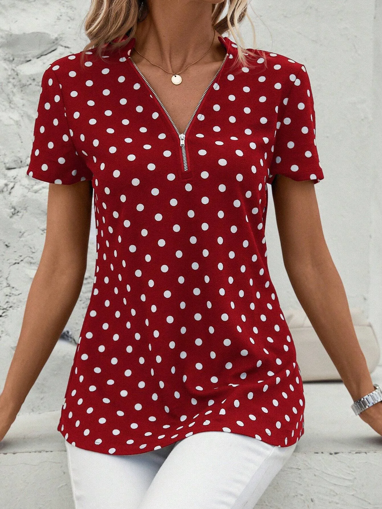 Women's Short Sleeve Shirt Summer Dark Blue Polka Dots Zipper V Neck Going Out Top
