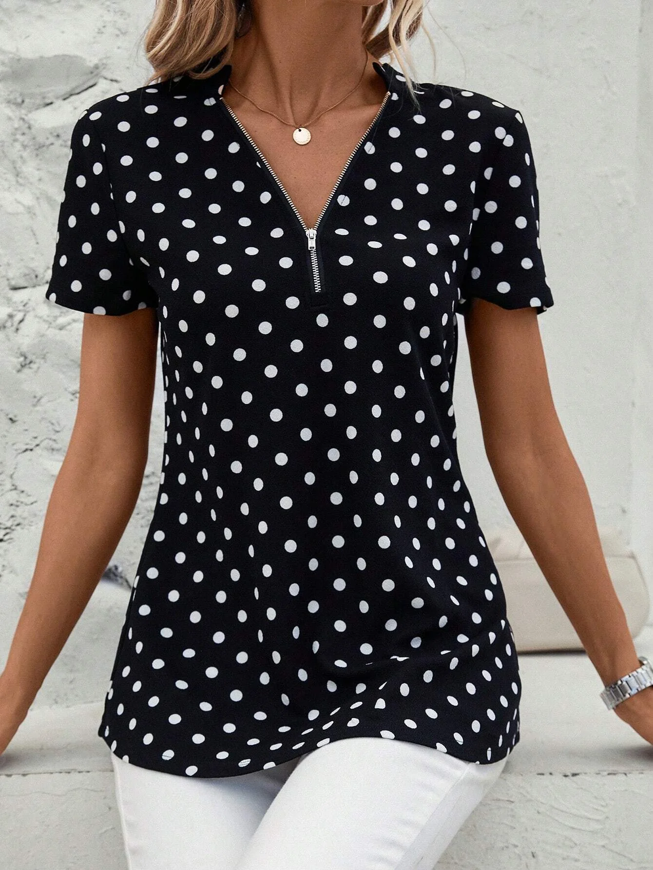 Women's Short Sleeve Shirt Summer Dark Blue Polka Dots Zipper V Neck Going Out Top