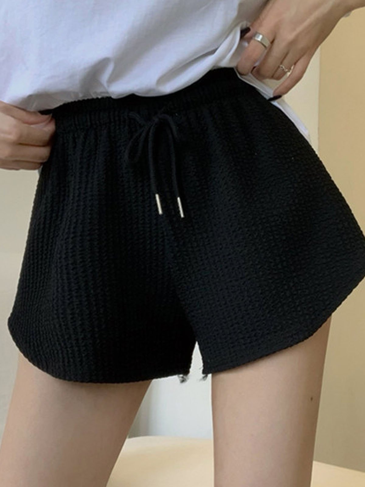 Lace-Up Loose Casual Plain Shorts