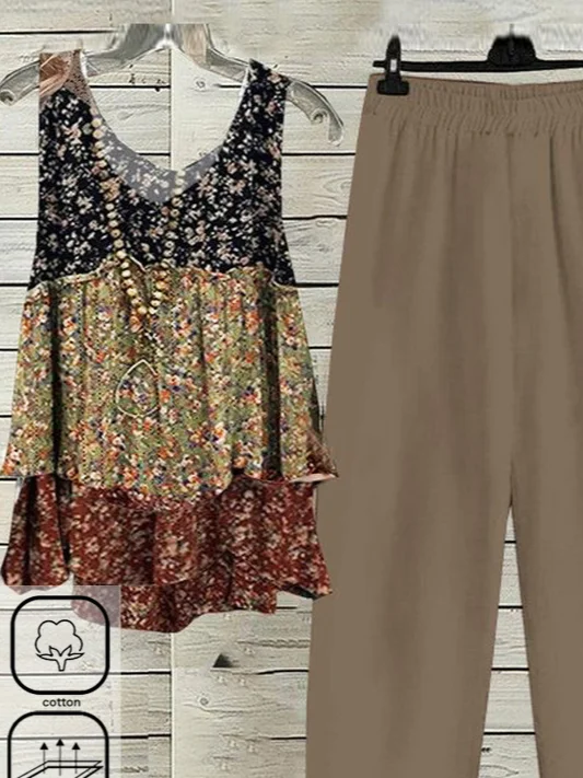 Crew Neck Casual Disty Floral Loose Two-Piece Set