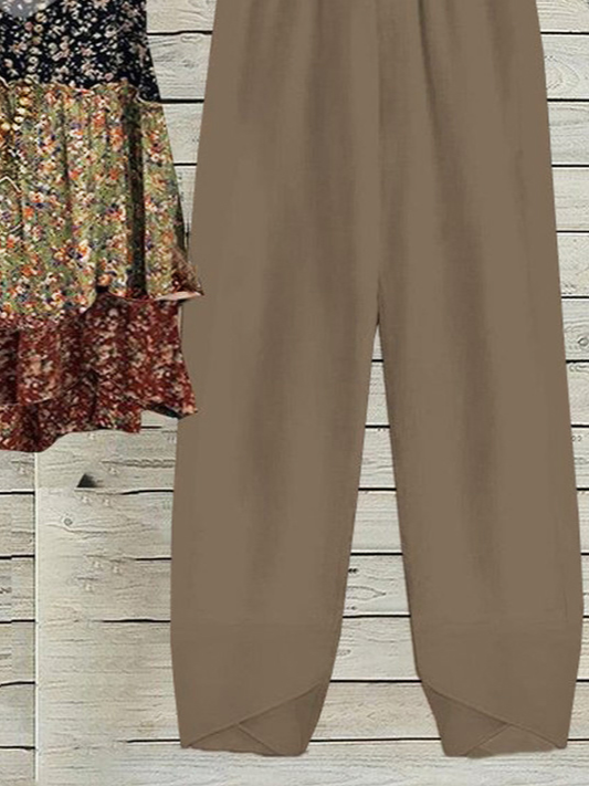Crew Neck Casual Disty Floral Loose Two-Piece Set