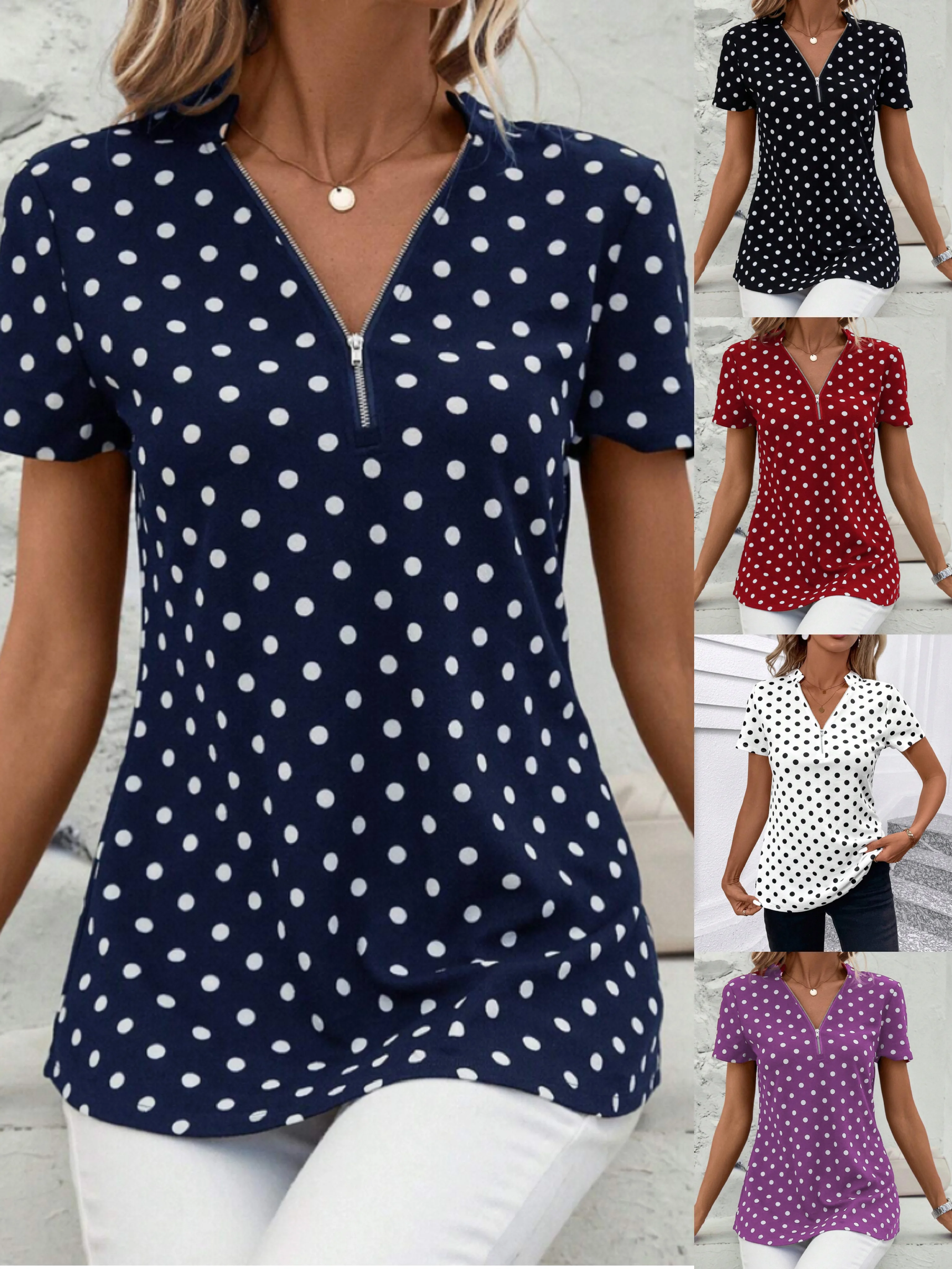 Women's Short Sleeve Shirt Summer Dark Blue Polka Dots Zipper V Neck Going Out Top
