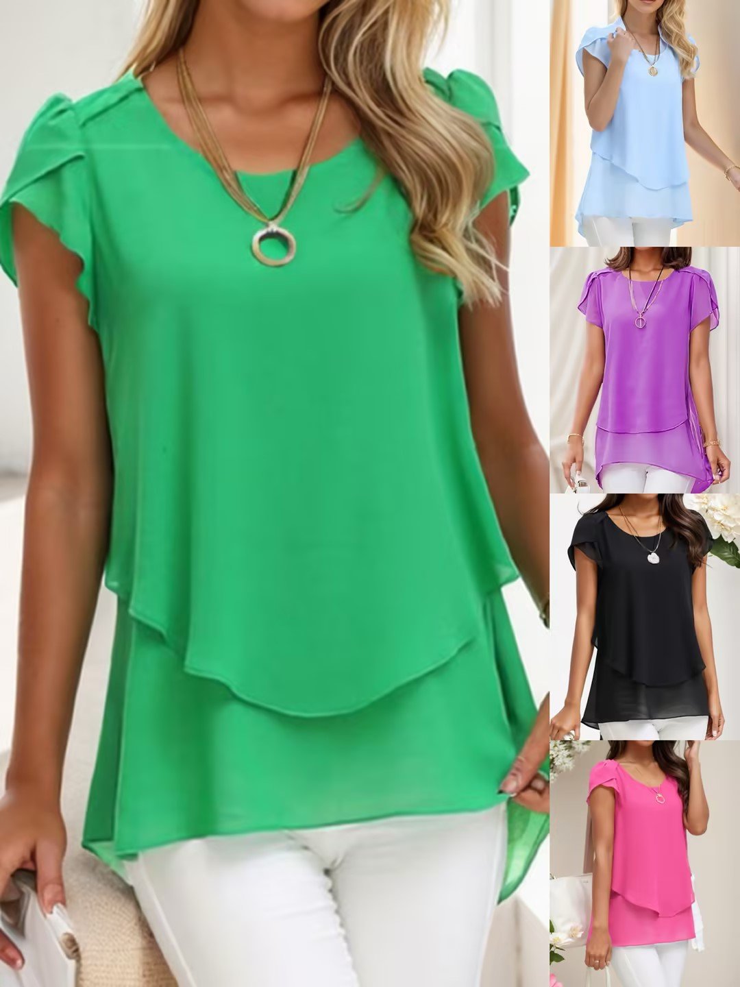 Women's Short Sleeve Shirt Summer Green Chiffon Crew Neck Daily Going Out Top