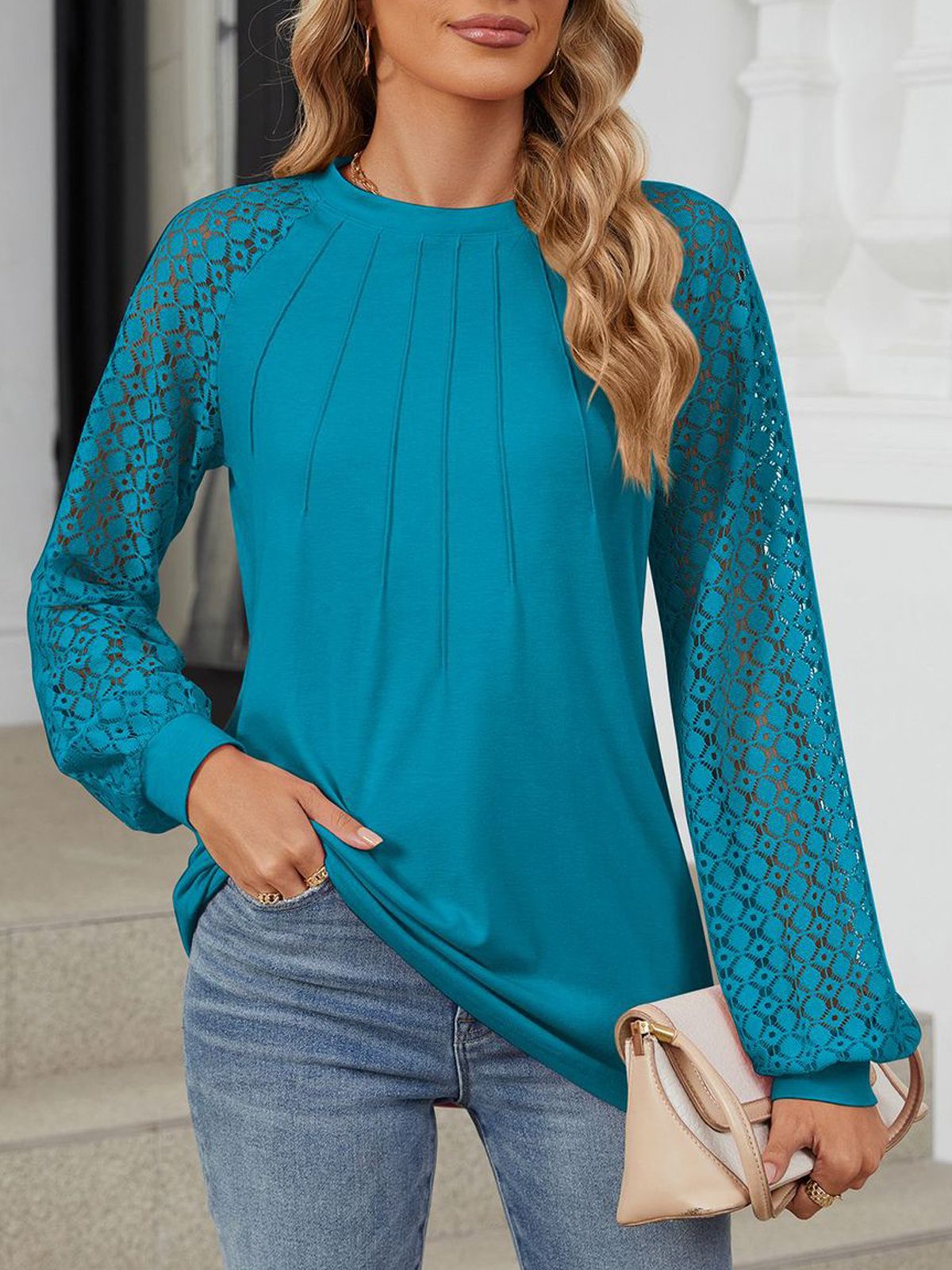 Casual Lace Loose Crew Neck Blouse