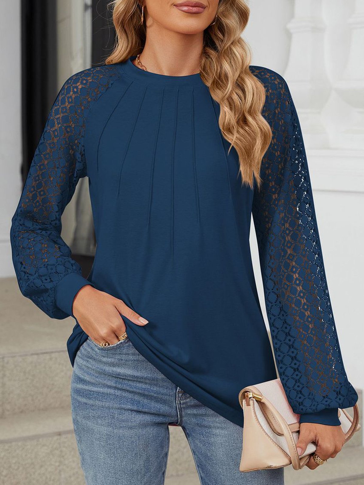 Casual Lace Loose Crew Neck Blouse