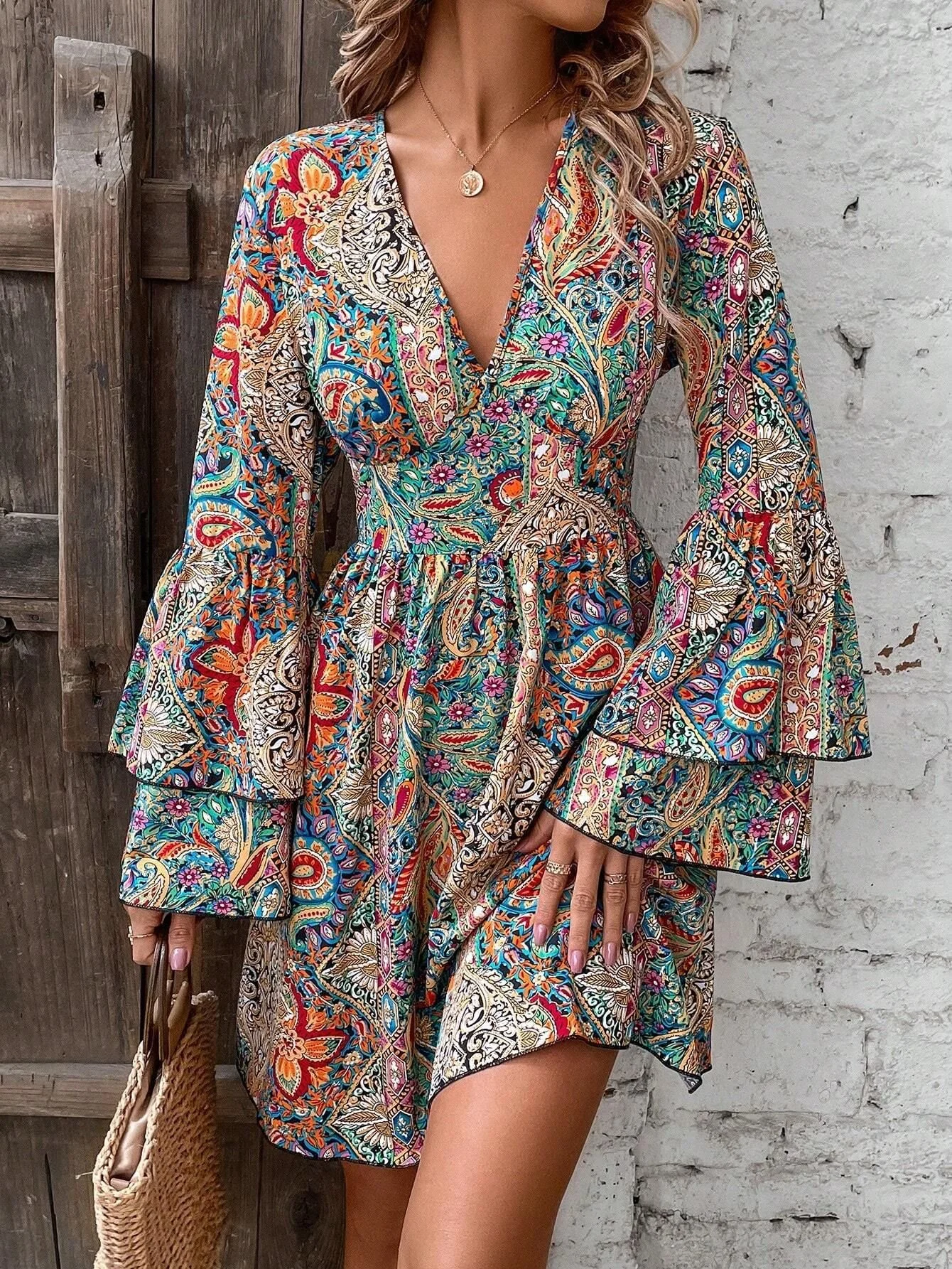 Loose Ethnic Casual V Neck Dress With No