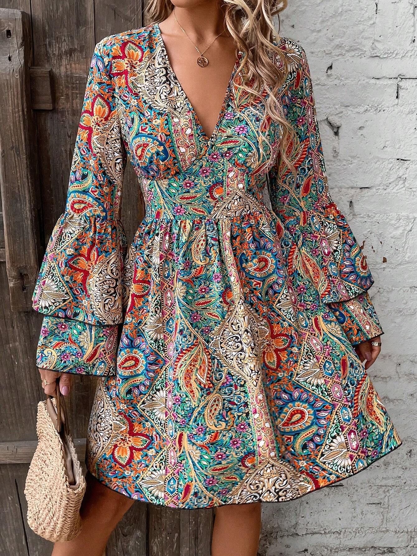 Loose Ethnic Casual V Neck Dress With No