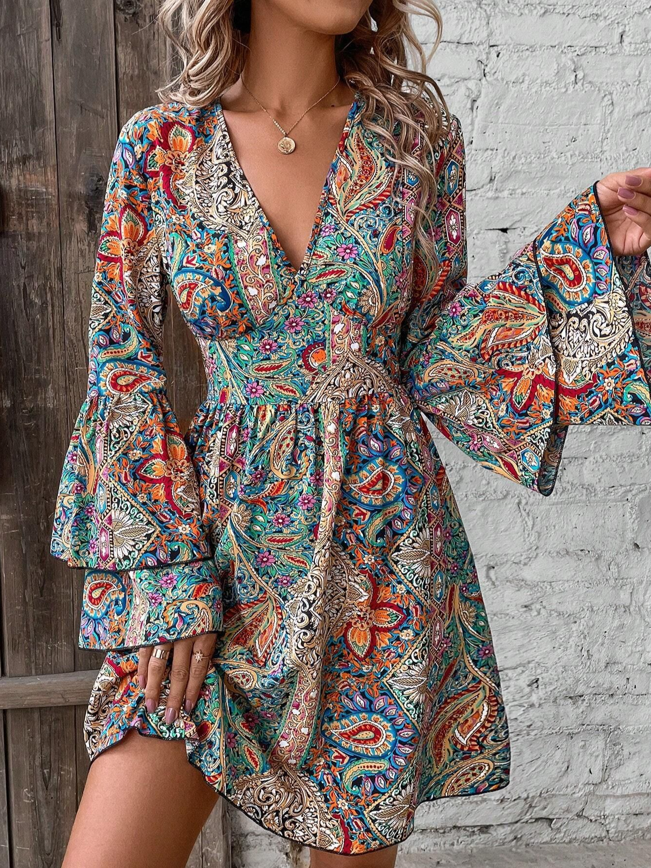 Loose Ethnic Casual V Neck Dress With No