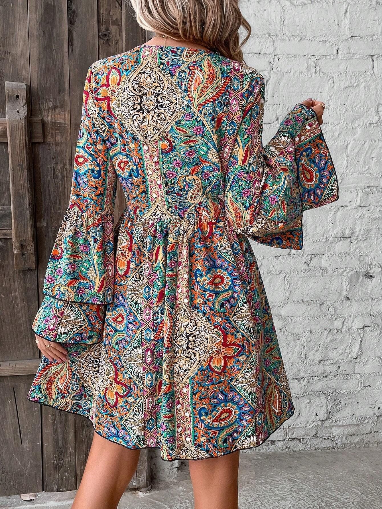 Loose Ethnic Casual V Neck Dress With No