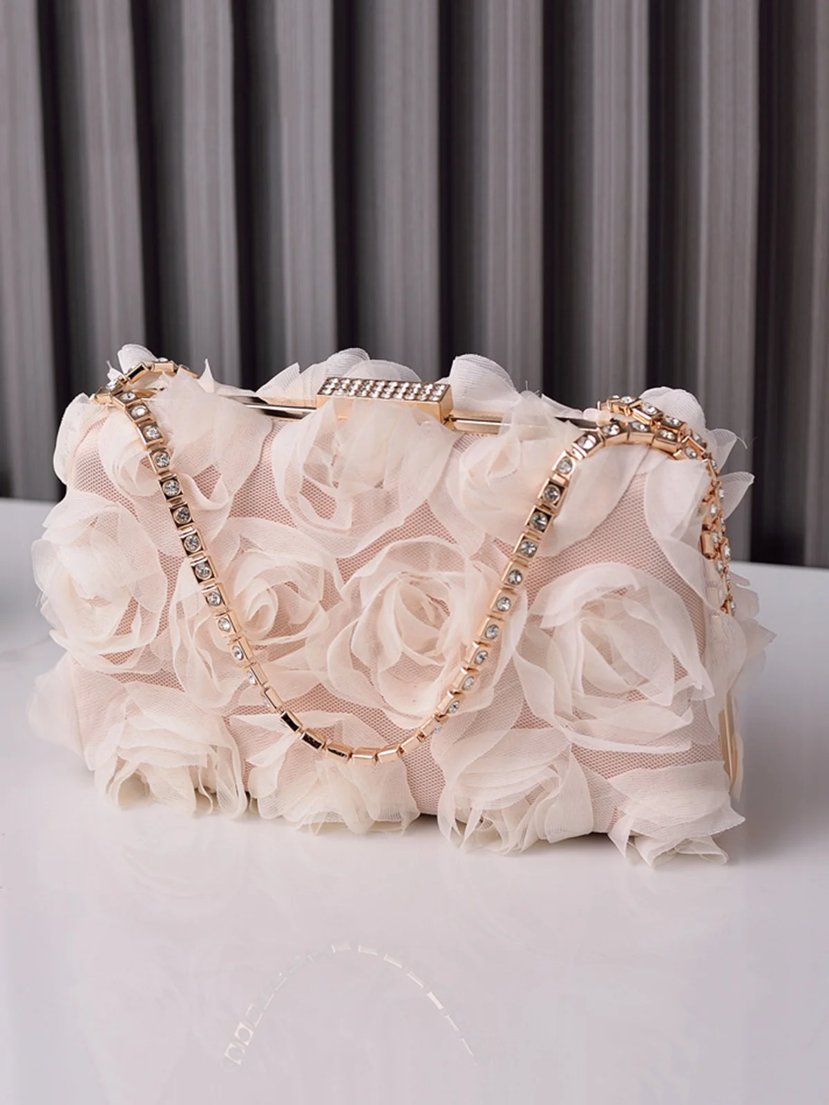 Elegant Mesh Rose Applique Clutch Bag with Rhinestone Handle