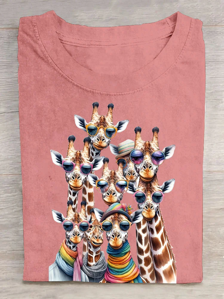 Funny Overlapping Sunglasses Giraffe Printed Casual Crew Neck T-Shirt