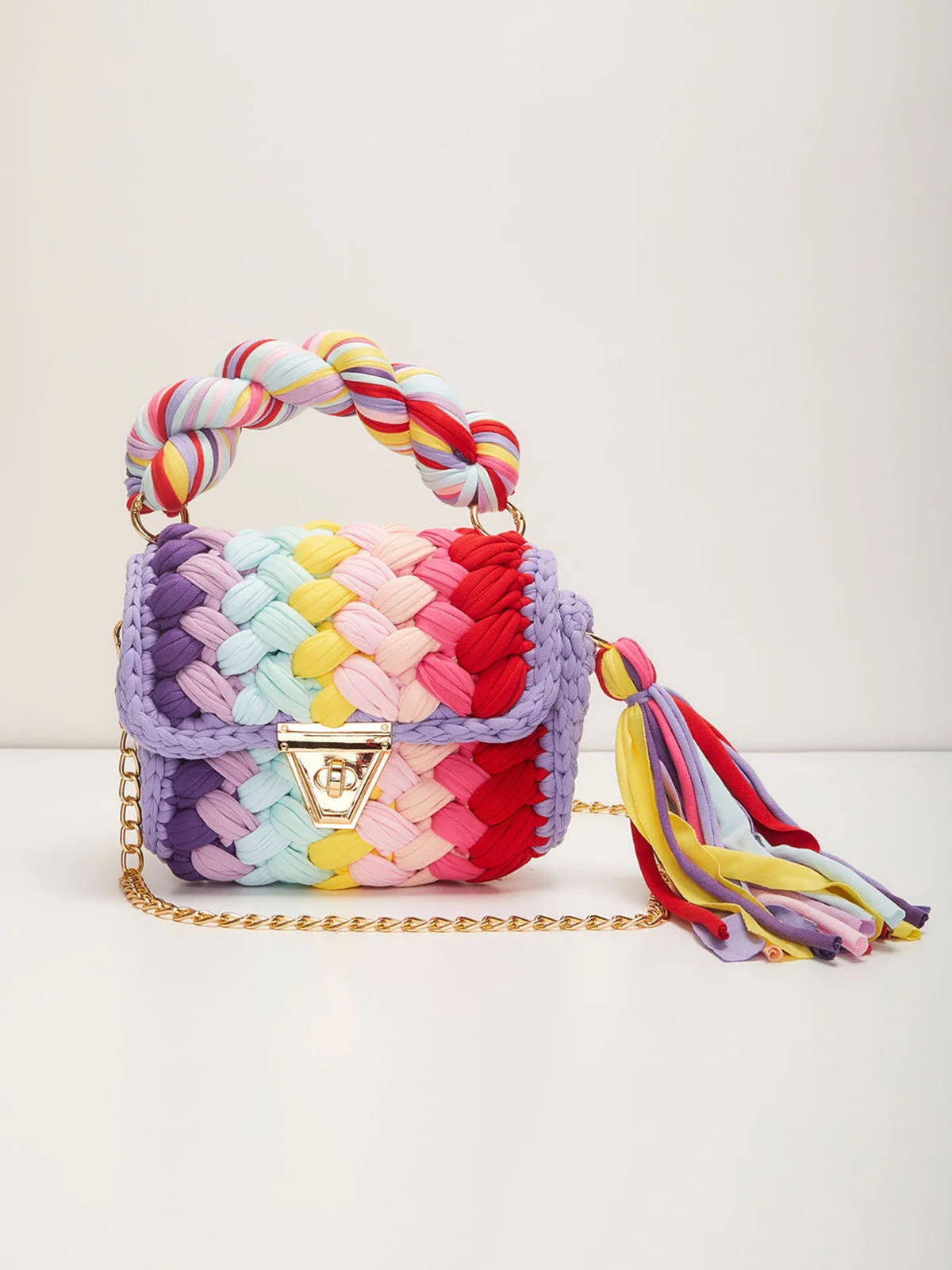 Handmade Braided Top Handle Bag with Removable Metal Chain Strap