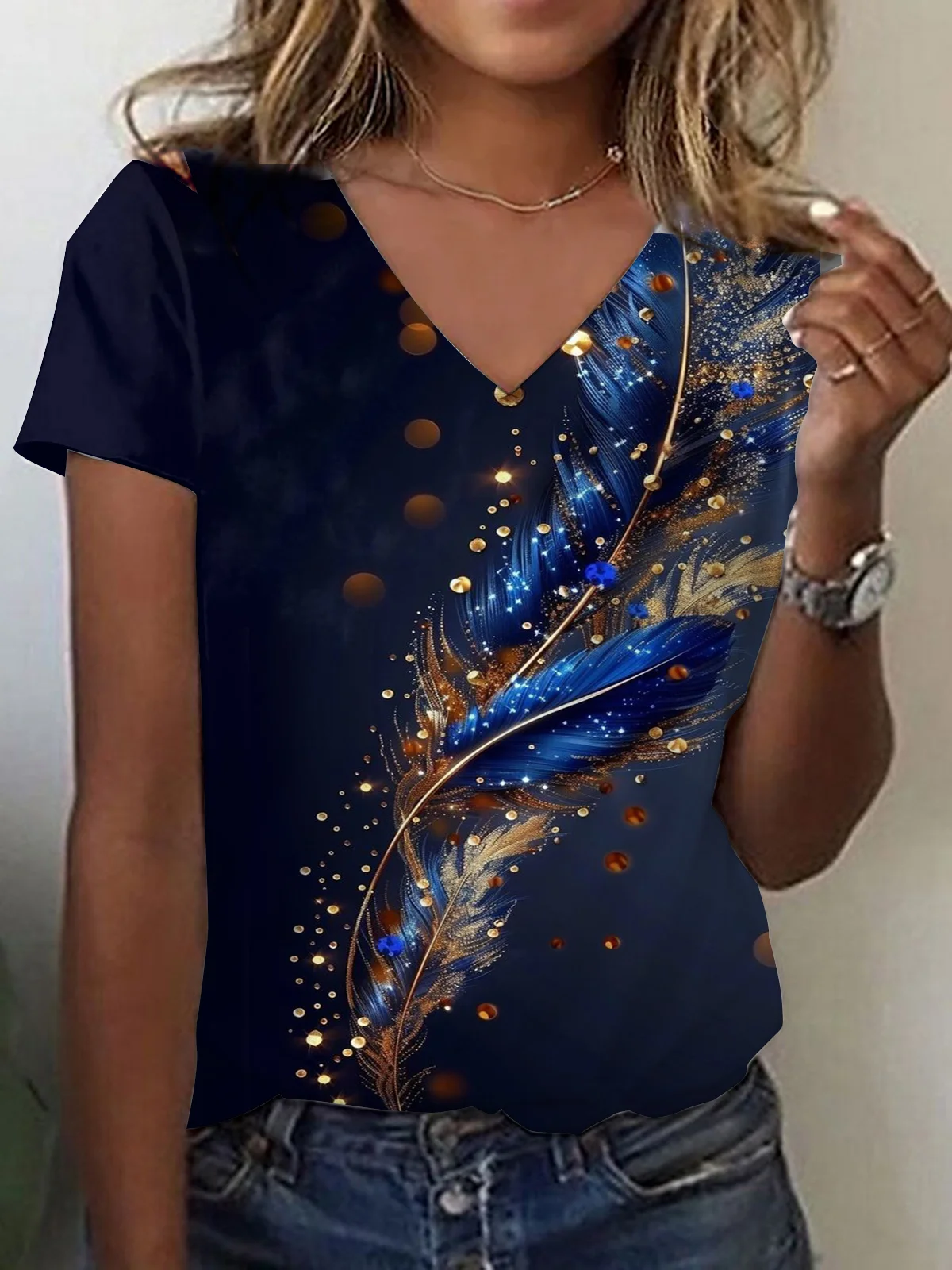 Women Casual Summer Feather Pattern No Elasticity Daily Loose Jersey Regular Regular T-shirts