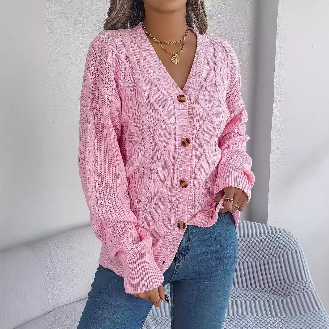 Casual Buckle Wool/Knitting V Neck Cardigan
