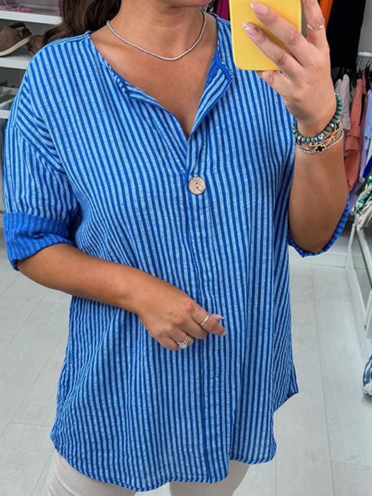 Women's Striped Cotton And Linen V Neck Daily Casual Top