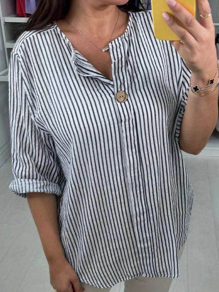 Women's Striped Cotton And Linen V Neck Daily Casual Top