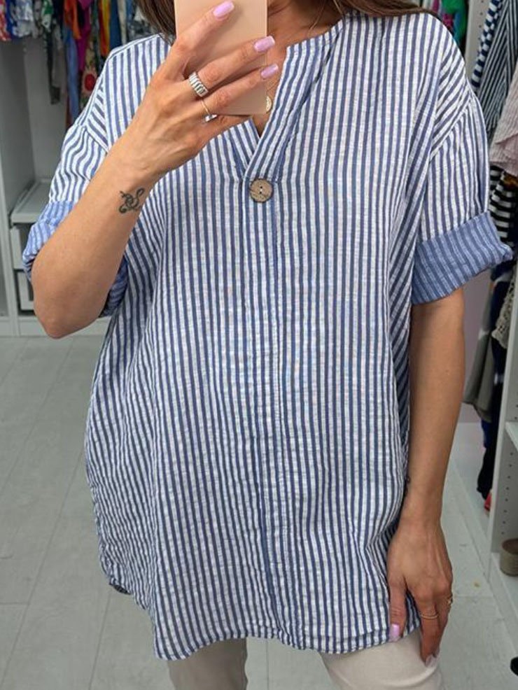 Women's Striped Cotton And Linen V Neck Daily Casual Top