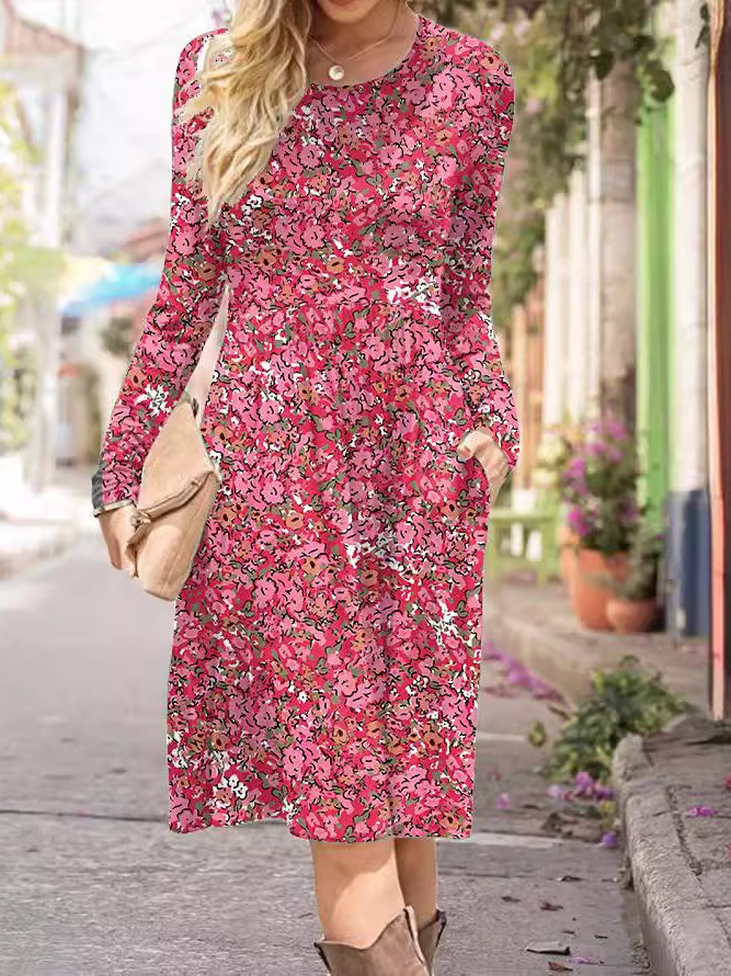 Floral Regular Fit Casual Crew Neck Dress With No