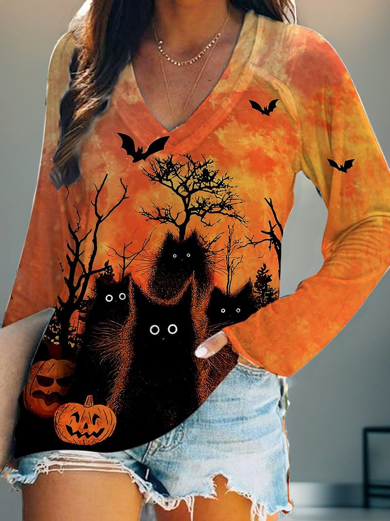 Halloween V Neck Loose Casual T-Shirt