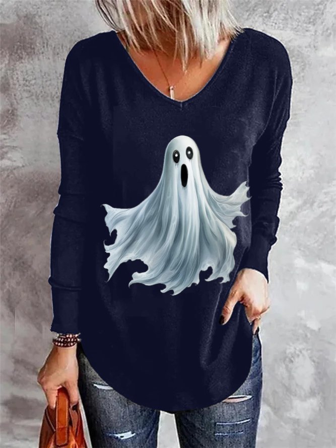 Casual Halloween Ghost  V Neck Loose T-Shirt