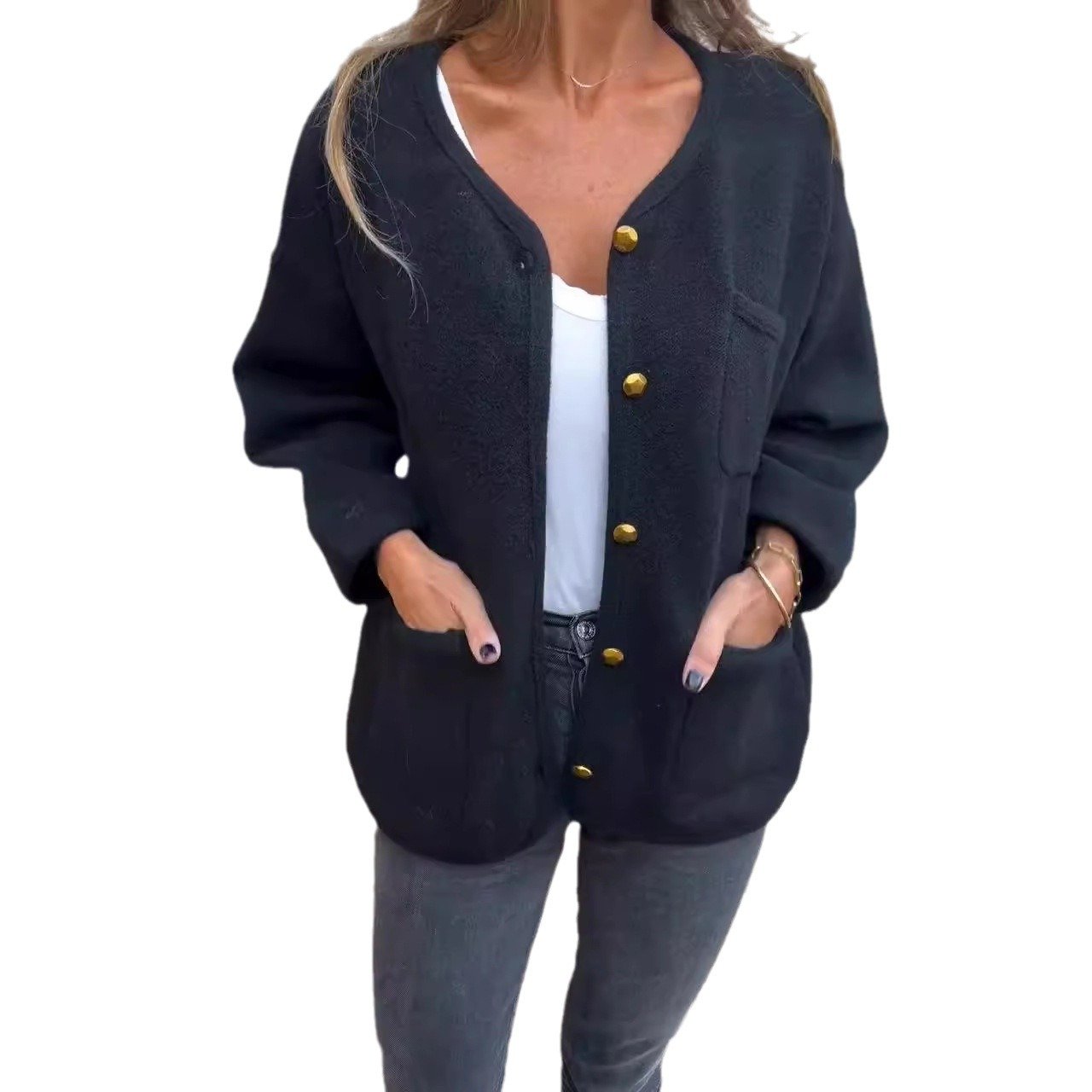 Loose Casual Buckle Crew Neck Teddy Jacket