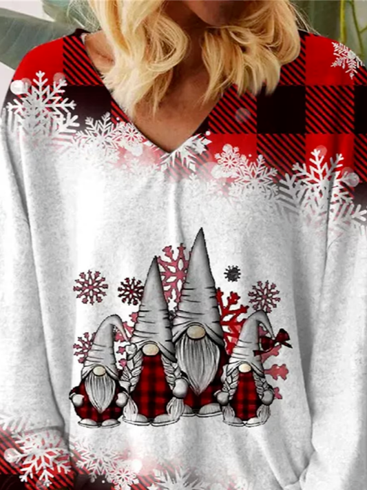 Women's Long Sleeve T-shirt Spring/Fall Red Christmas Snowman Jersey V Neck Daily Going Out Casual Top
