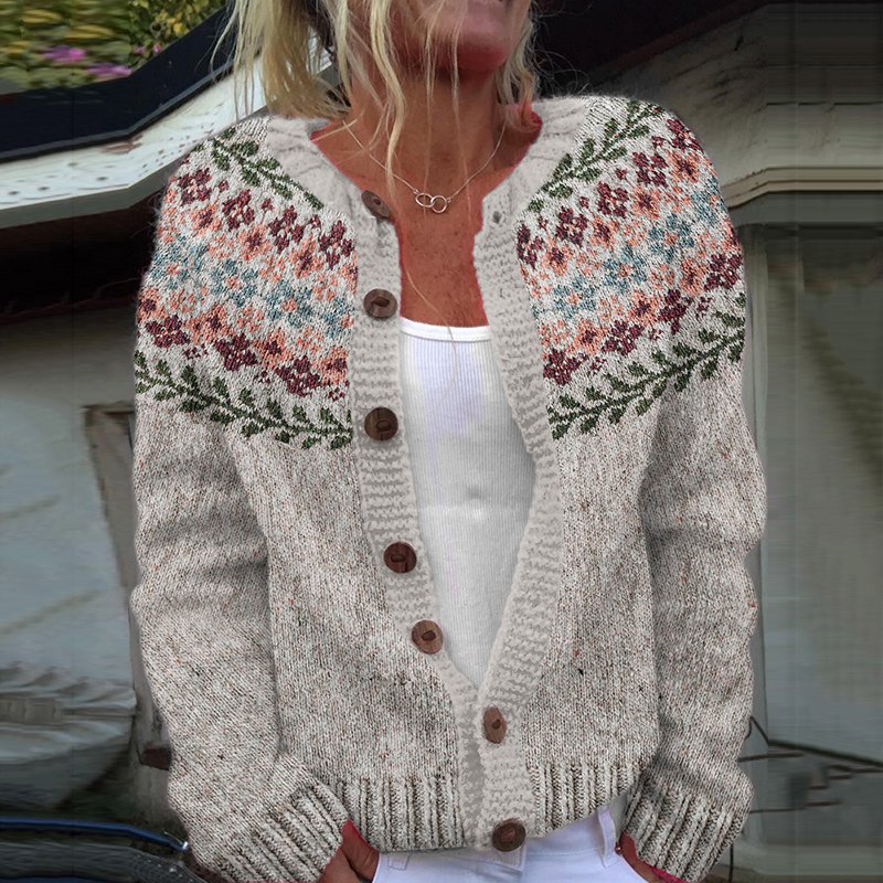 Vintage floral art button sweater