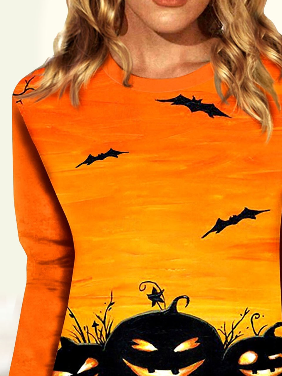 Halloween Pumpkin Round Neck Long Sleeve Women's T-shirt