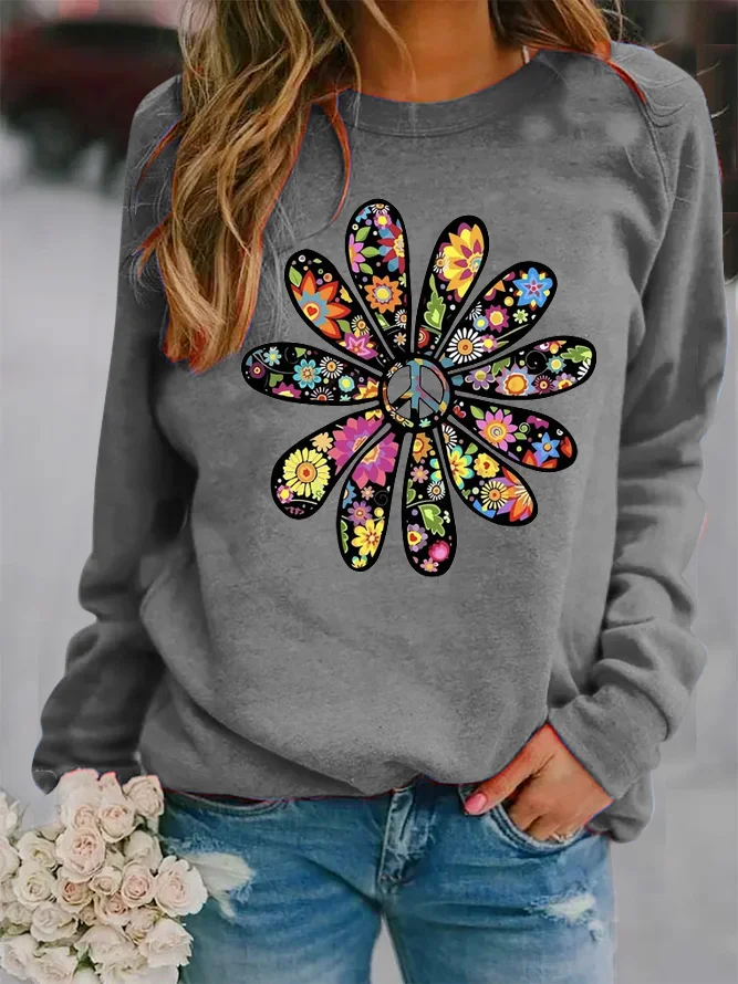 Hippie Floral Peace Loose Casual Sweatshirt