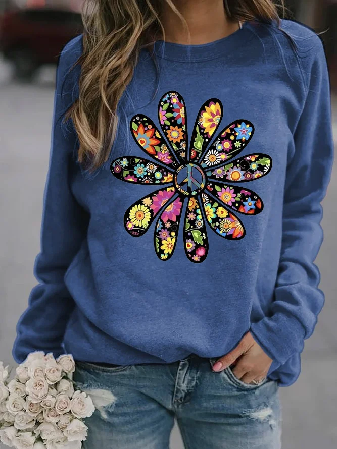 Hippie Floral Peace Loose Casual Sweatshirt