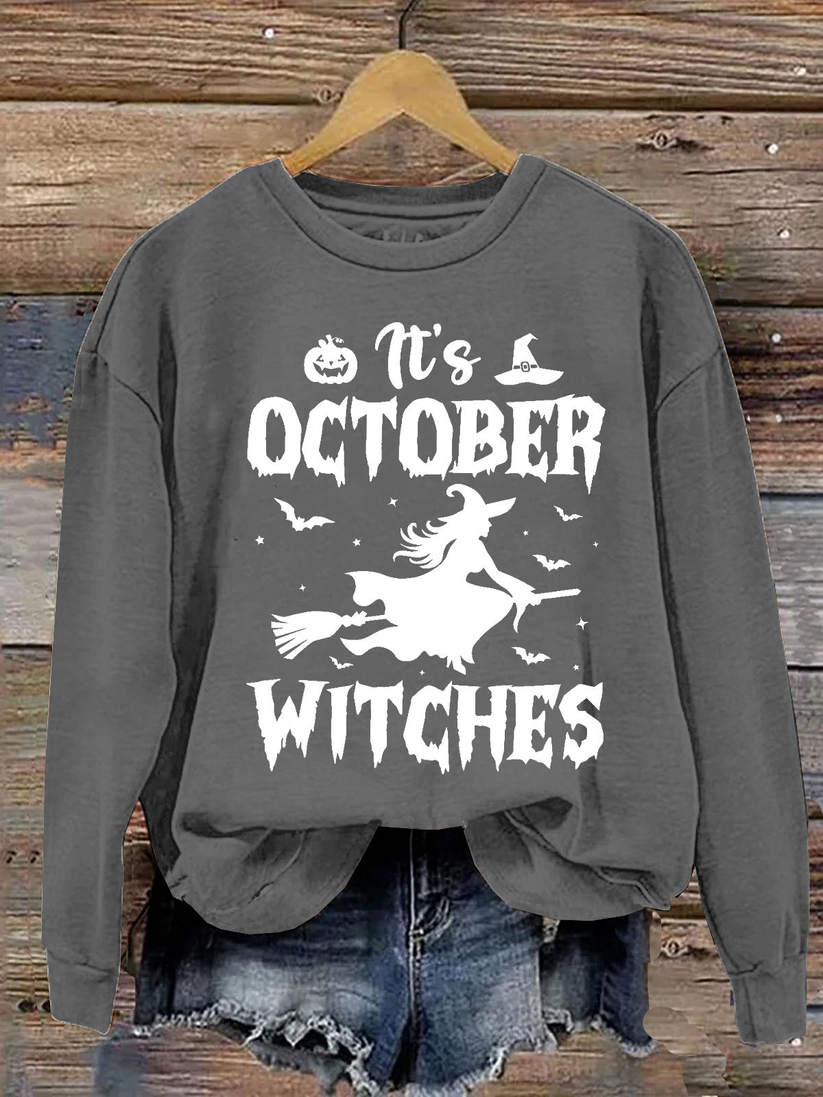 Women's In October Witches Halloween Print Crewneck Sweatshirt