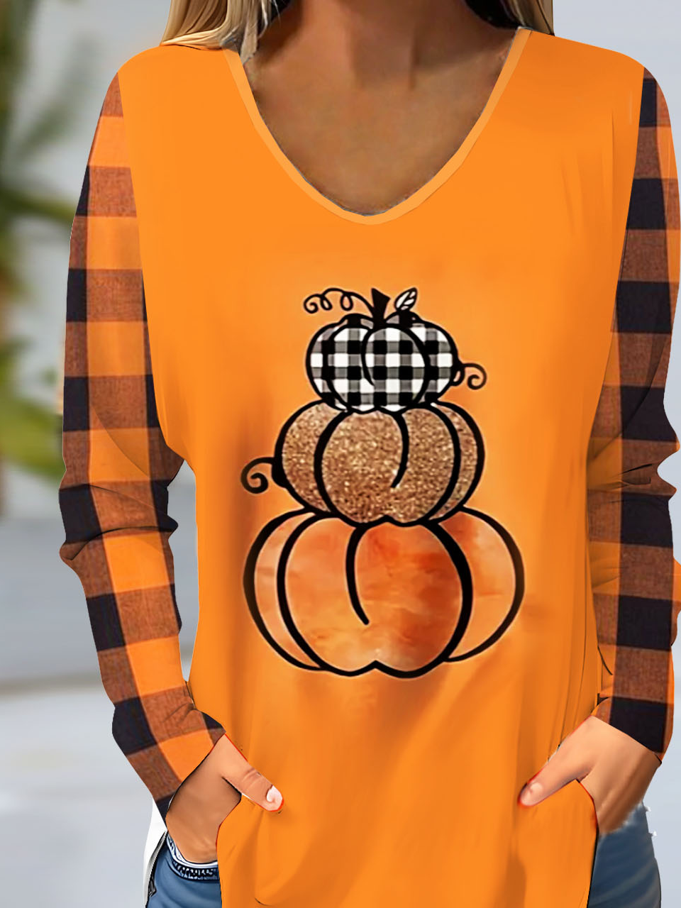 Halloween Pumpkin Grid V-neck Women's T-shirt