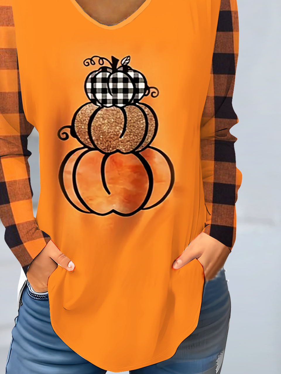 Halloween Pumpkin Grid V-neck Women's T-shirt
