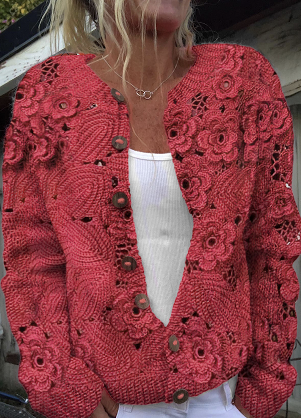 Maple Leaf Simple Loose Crew Neck Cardigan