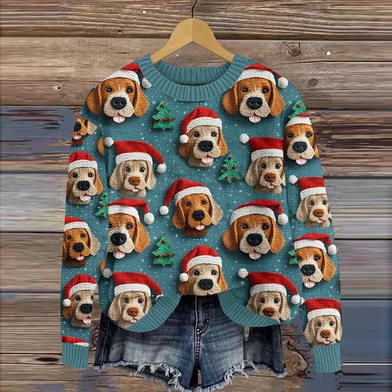 Women's Christmas Dog Art Print Crew Neck Knit Sweater