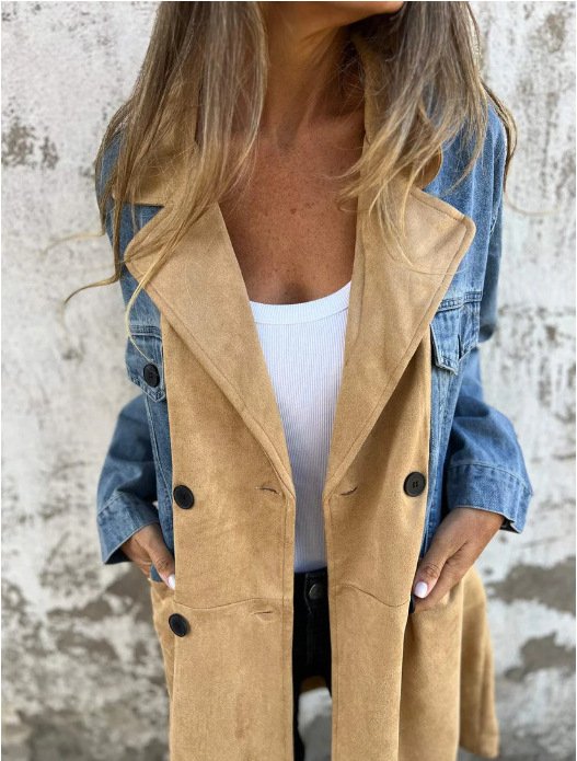 Loose Multicolor Block Casual Shawl Collar Trench Coat