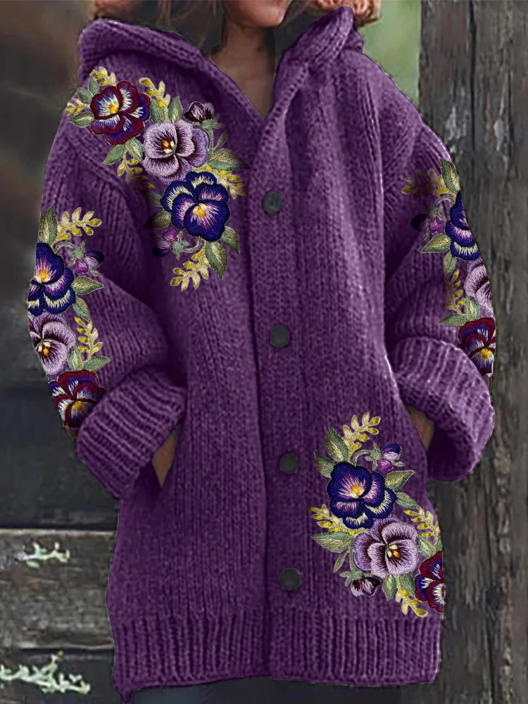 Women's Embroidered Floral Casual Print Hooded Cardigan