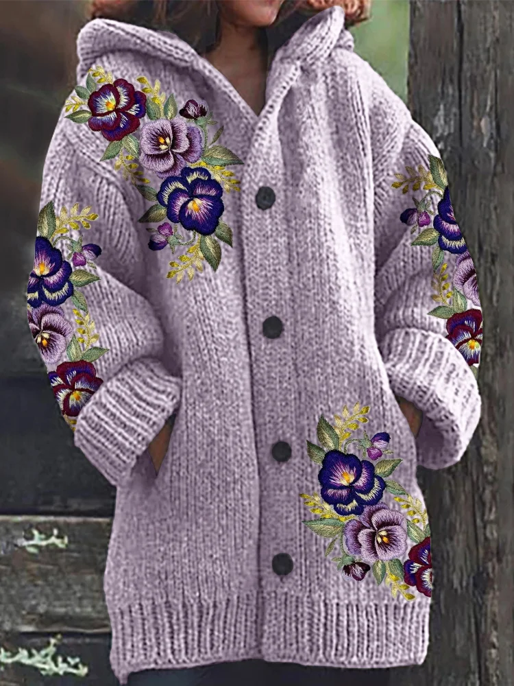 Women's Embroidered Floral Casual Print Hooded Cardigan