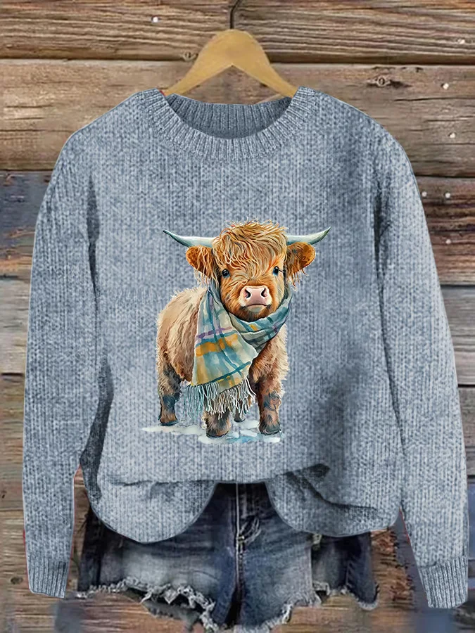 Women's Casual Highland Cow Crew Neck Sweaters