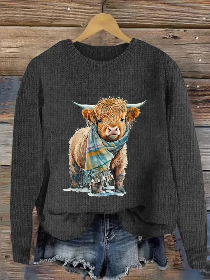 Women's Casual Highland Cow Crew Neck Sweaters