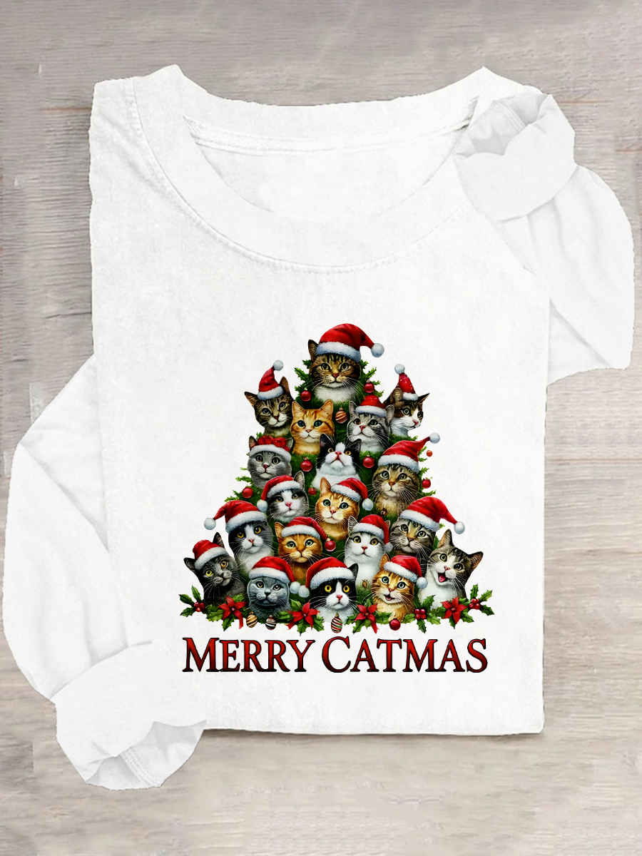 Merry Christmas Cats Art Print Casual Long Sleeve Shirt