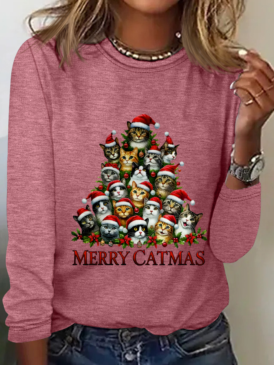 Merry Christmas Cats Art Print Casual Long Sleeve Shirt