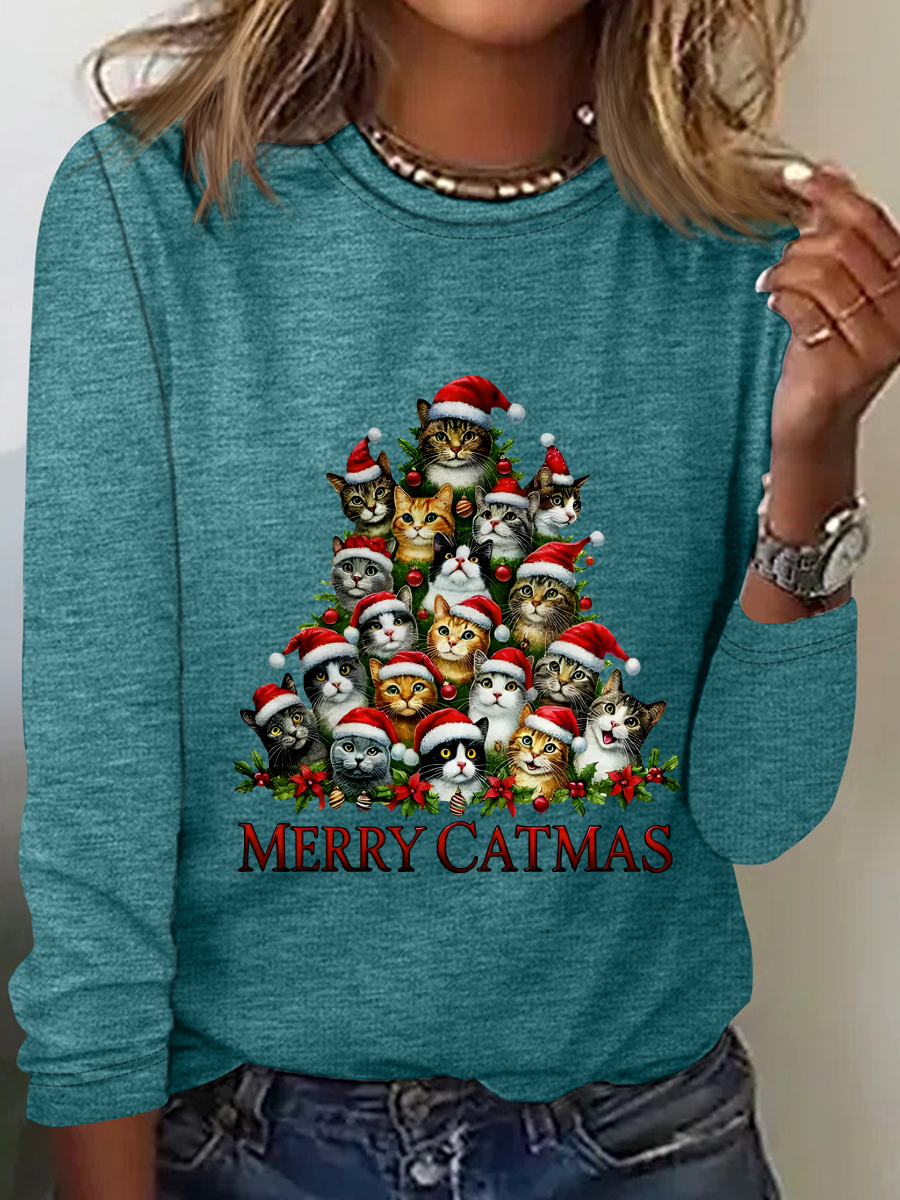 Merry Christmas Cats Art Print Casual Long Sleeve Shirt