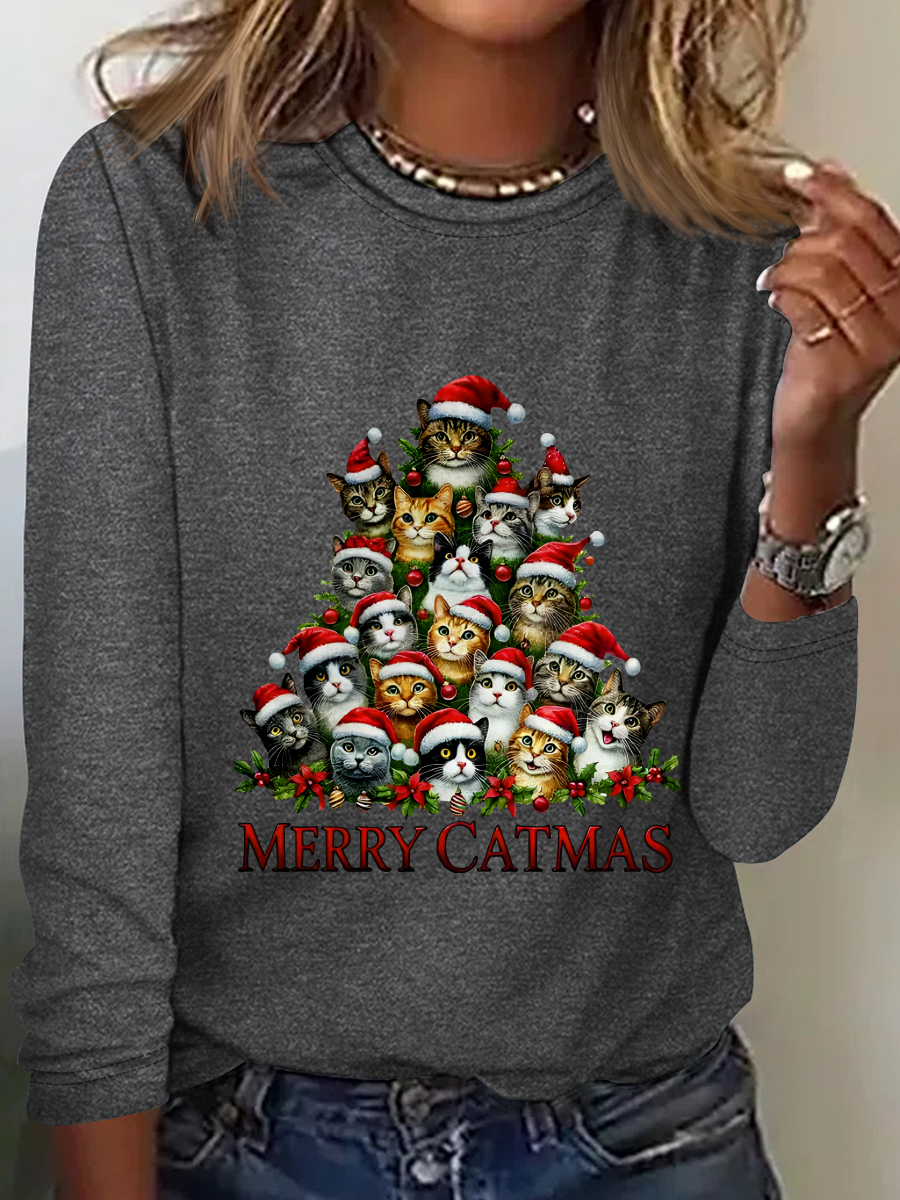 Merry Christmas Cats Art Print Casual Long Sleeve Shirt