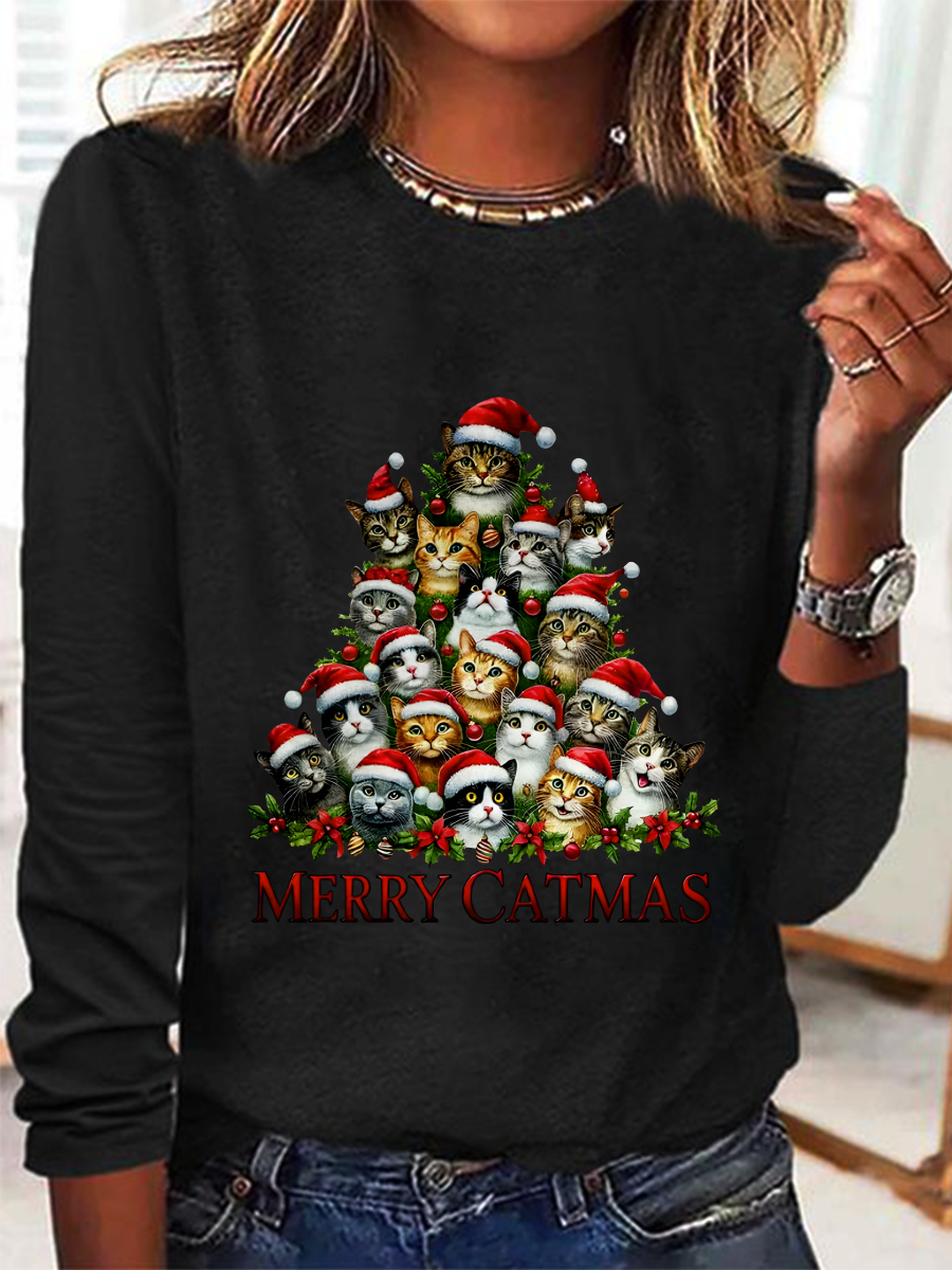 Merry Christmas Cats Art Print Casual Long Sleeve Shirt