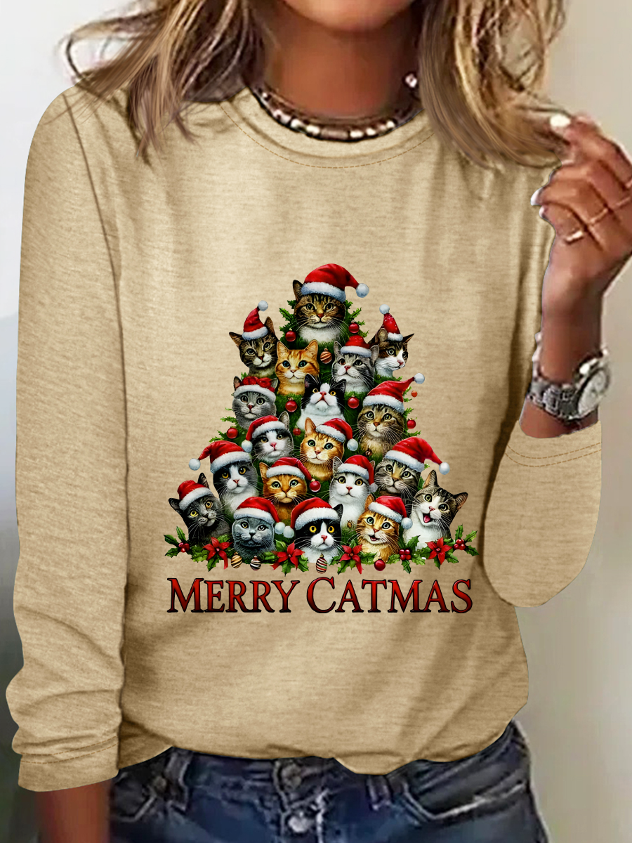 Merry Christmas Cats Art Print Casual Long Sleeve Shirt